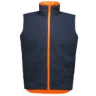 A sleeveless fleece vest with a high collar and a front zipper. The vest is dark in color with a bright orange lining and zipper, creating a bold contrast. It is presented against a plain white background.