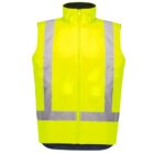 A bright yellow high-visibility vest with reflective silver stripes on the front and around the waist. The vest is sleeveless and has a zipper down the middle, designed for safety and visibility purposes.