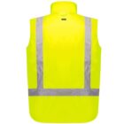 Bright yellow high-visibility safety vest with reflective silver stripes running vertically and horizontally on the back, designed for increased visibility in low-light conditions.