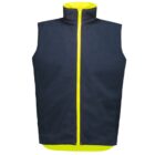 A sleeveless black vest with a bright yellow interior and trim, featuring a front zipper and a high collar. The vest appears to be fleece material.