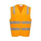 An orange safety vest with gray reflective stripes across the chest and shoulders, displayed on a white background.
