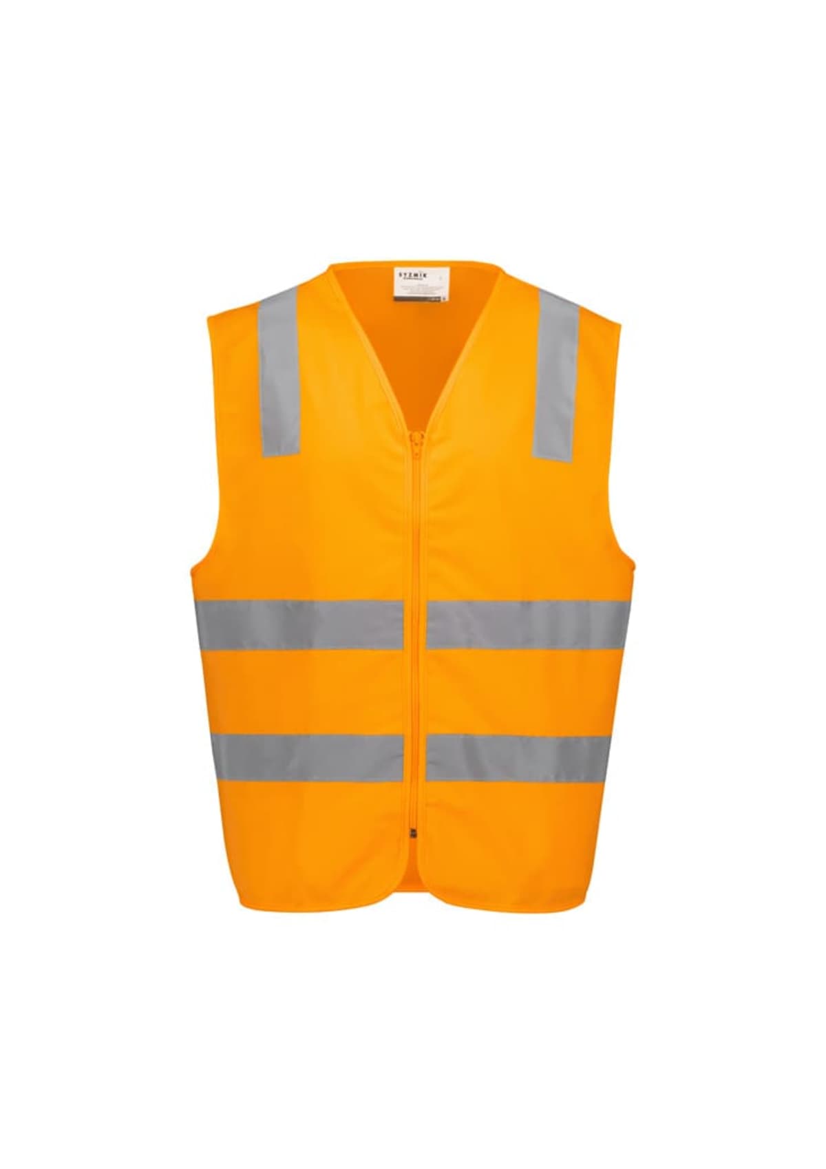 An orange safety vest with gray reflective stripes across the chest and shoulders, displayed on a white background.