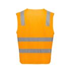 A brightly colored orange safety vest with two horizontal reflective stripes and two vertical reflective stripes on the back, displayed against a white background.