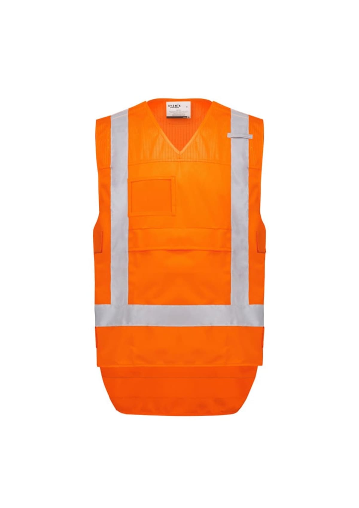 Bright orange safety vest with reflective white stripes, featuring a V-neck and a chest pocket.