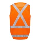 An orange safety vest with reflective silver stripes arranged in an X on the back. The vest is designed for visibility and safety purposes.