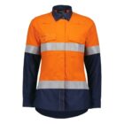 A long-sleeved high-visibility work shirt featuring orange fabric with navy blue lower sleeves. It has reflective silver stripes across the chest and lower arms, alongside buttoned chest pockets.