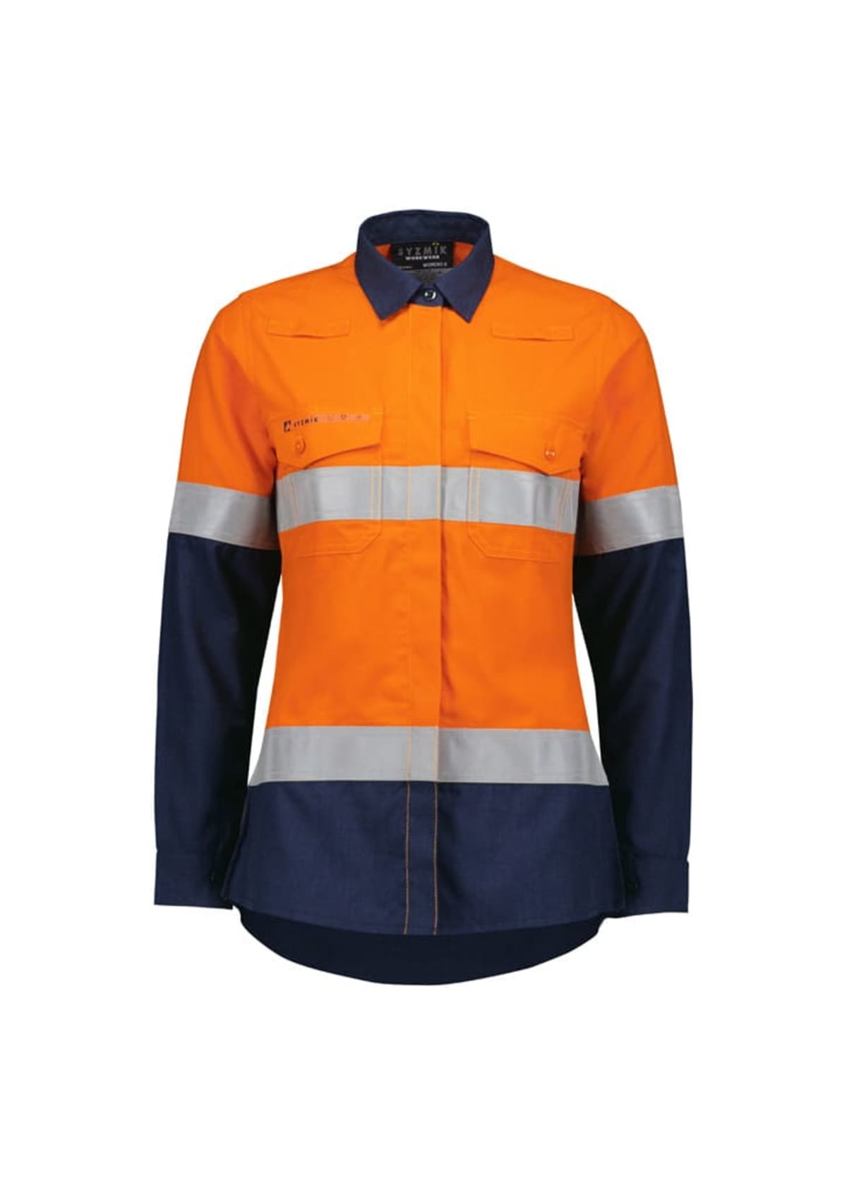A long-sleeved high-visibility work shirt featuring orange fabric with navy blue lower sleeves. It has reflective silver stripes across the chest and lower arms, alongside buttoned chest pockets.