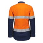 Back view of a high-visibility work shirt with long sleeves. The top half is orange, the bottom navy, and it features two horizontal reflective bands around the chest and arms.