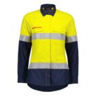 High-visibility yellow and navy blue work shirt with reflective silver stripes across the chest and sleeves. Features a button-down design with chest pockets, designed for safety and visibility.