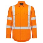 An orange long-sleeve safety shirt with white reflective stripes on the sleeves, shoulders, and chest. The shirt has buttoned front pockets and a collar.