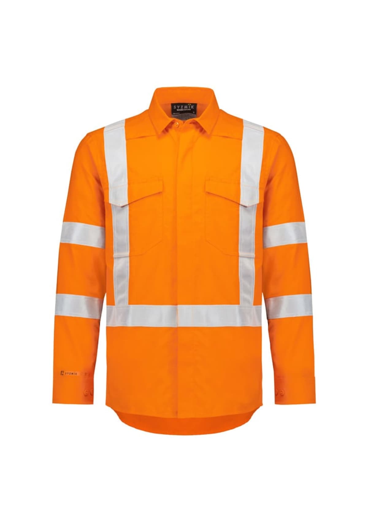 An orange long-sleeve safety shirt with white reflective stripes on the sleeves, shoulders, and chest. The shirt has buttoned front pockets and a collar.