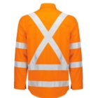 A bright orange safety jacket with reflective white stripes in an X pattern on the back and additional stripes on each sleeve.