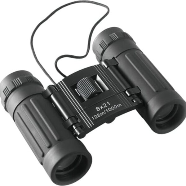 Compact black binoculars with a central focusing wheel and adjustable eyepieces. Marked with 8x21 and 128m/1000m on the bridge, indicating magnification power and field of view. A black neck strap is attached.