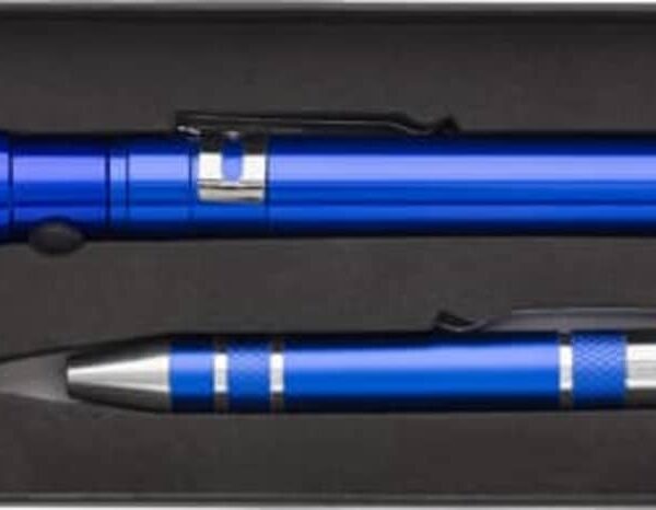 A blue flashlight and a blue pen with metallic accents are neatly displayed in a black rectangular box.
