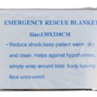 Plastic-wrapped emergency rescue blanket with text: EMERGENCY RESCUE BLANKET Size:130X210CM. Reduce shock, keep patient warm, dry and clean. Helps against hypothermia, simply wrap around total body leaving face uncovered.
