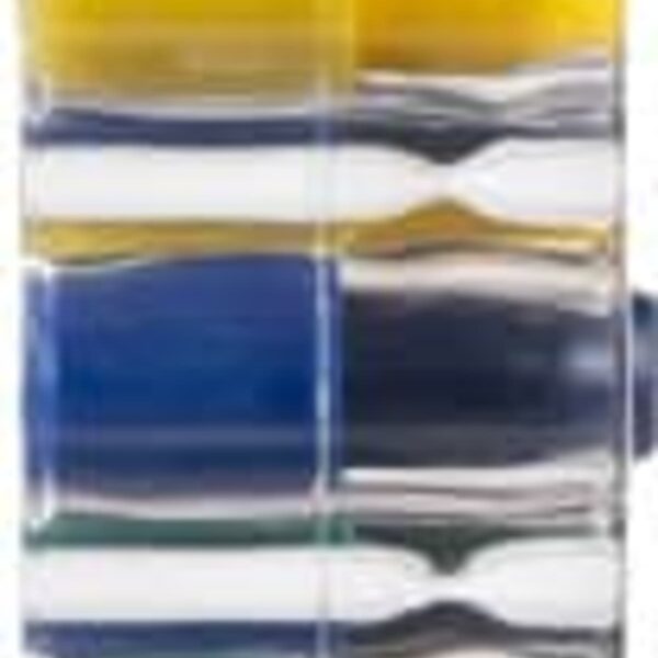 A stackable crayon set with multiple colors including red, yellow, green, blue, and orange, encased in a clear plastic holder. The crayons are arranged vertically, allowing easy selection and use.
