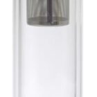A clear glass tea infuser bottle with a light wooden lid. Inside the bottle, there is a metal mesh infuser attached to the lid, designed for brewing tea. The bottle has a minimalist and sleek design.
