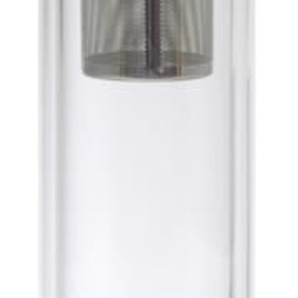 A clear glass tea infuser bottle with a bamboo lid, featuring a silver metal strainer inside. The design is sleek and minimalist.