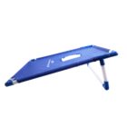 Blue outdoor lounge chair with a folding design, white metal frame, and blue fabric sling. It features a cut-out handle on the backrest for easy carrying and positioning. The chair is shown in a reclined position suitable for sunbathing or relaxing.