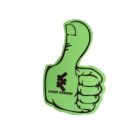 A green thumbs-up illustration with a stylized black cross inside a circle, pointing upward. The words Logo Design are written on the palm in black letters. The background is white.