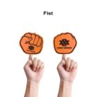 Two hands raised with fingers pointing up, each holding an orange fist-shaped sign featuring the words LOGO DESIGN and a striped logo. Above, the word Fist is written in bold black text. The background is white.