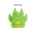 A graphic of a green wolf paw print with yellow outlines and accents on a white background. Wolf Paw is written above, and LOGO DESIGN is displayed in yellow text within the paw.