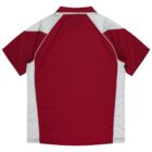 Back view of a short-sleeve red and white sports shirt with a collar.