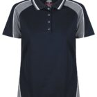 Navy blue polo shirt with gray sleeves and white-striped collar, front view.