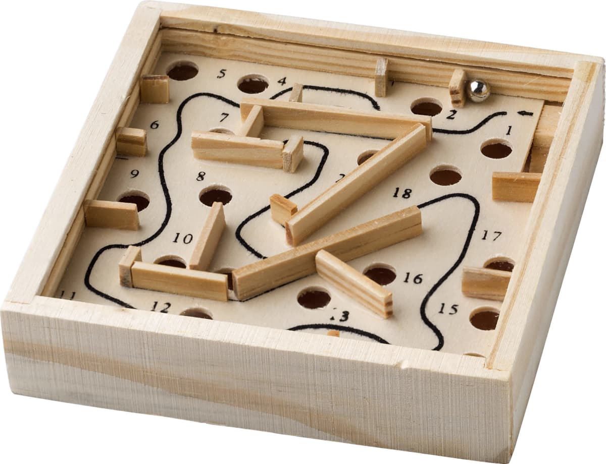Explore the Wooden Tower Stacker, a labyrinth board game with black maze lines, numbered holes, and movable barriers. Tilt carefully to guide the silver ball through the track, mirroring a stackers precision to avoid falling into depths below.