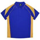 Blue polo shirt with yellow side panels and sleeves, button-up collar, laid flat.