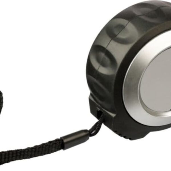 The Maximus Precision ABS Tape Measure in black and silver boasts a textured grip, retractable design, blank circular face, and comes with a handy black wrist strap for sleek functionality.
