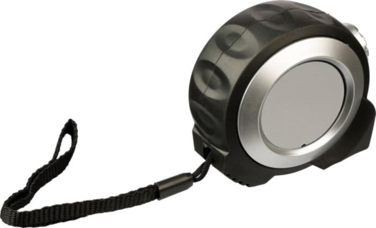 The Maximus Precision ABS Tape Measure in black and silver boasts a textured grip, retractable design, blank circular face, and comes with a handy black wrist strap for sleek functionality.