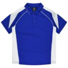 Blue and white short-sleeve polo shirt with buttons and a collar, laid flat.