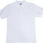 AERO POLO: plain white short-sleeve polo with collar and three buttons, laid flat on white.