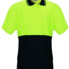 The Burst Polo features a short sleeve design with a neon yellow upper half and black lower half, complete with a contrasting trim collar and small button placket.
