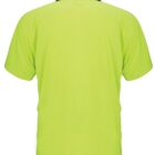 The Burst Polo, a lime green short-sleeve shirt with a black collar, is shown from the back.