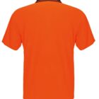 The image displays the back of the Burst Polo, an orange short-sleeve shirt featuring a black collar.