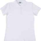 The Velocity Ladies Polo is a plain white polo shirt with a collar, short sleeves, and a stylish three-button placket. Displayed against a white background, it offers timeless elegance and comfort for any occasion.