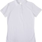 The Heritage Ladies Polo is a white shirt with short sleeves, a classic collar, and three front buttons, elegantly displayed on a pristine white background.