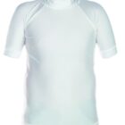 Displayed against a white background, the Shield Rashie is a plain white, short-sleeve rash guard with a high neckline. The fabric is smooth and fitted, providing style and protection for aquatic adventures.