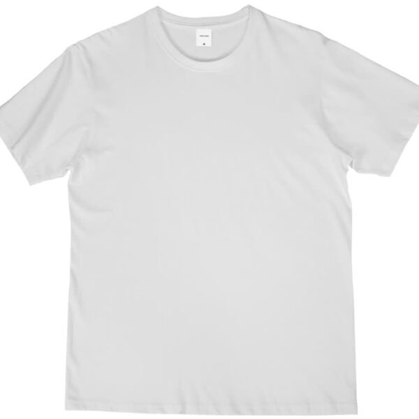 The Curl Tee is a plain white t-shirt featuring a round neckline, displayed on a white background. It is laid flat, highlighting its short sleeves and minimalist design.