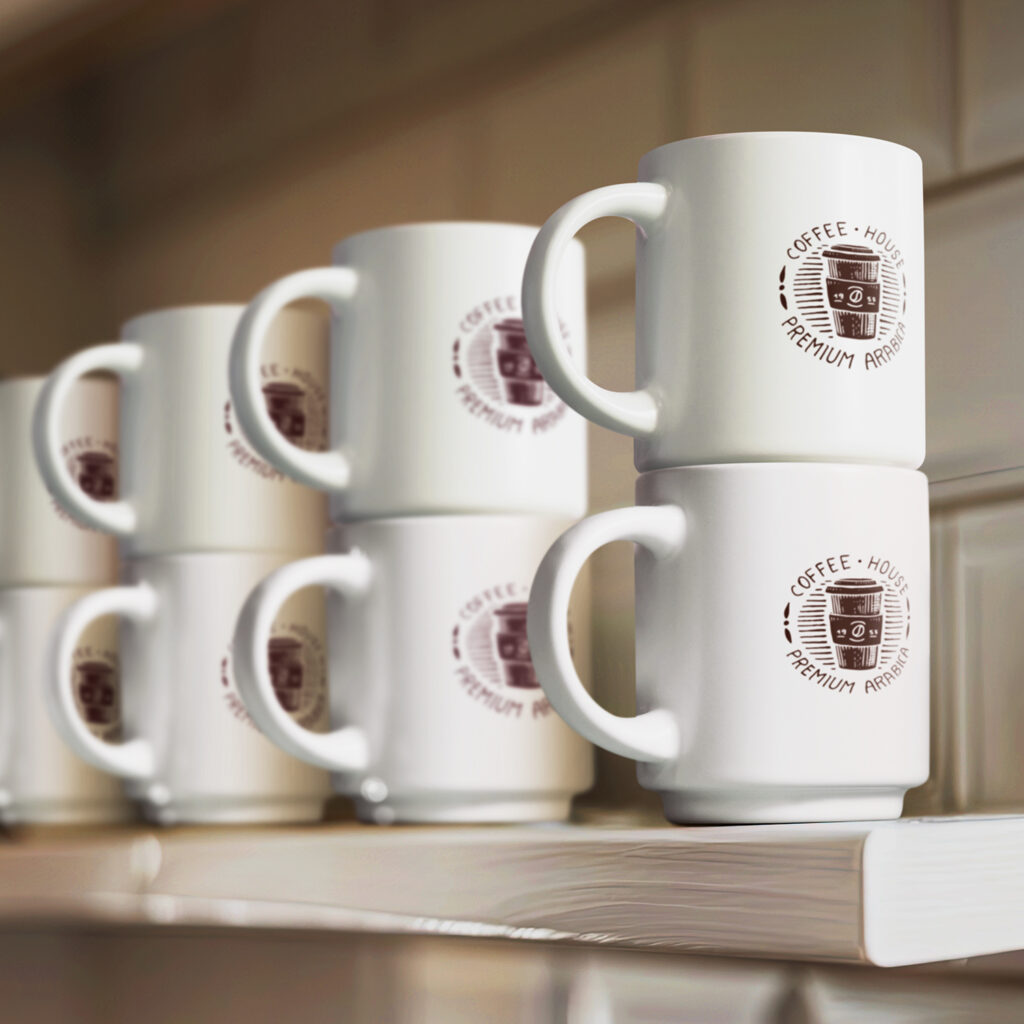 Stacked promotional mugs on a shelf