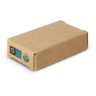 Small brown cardboard box with recycling symbols and eco-friendly label on the side.