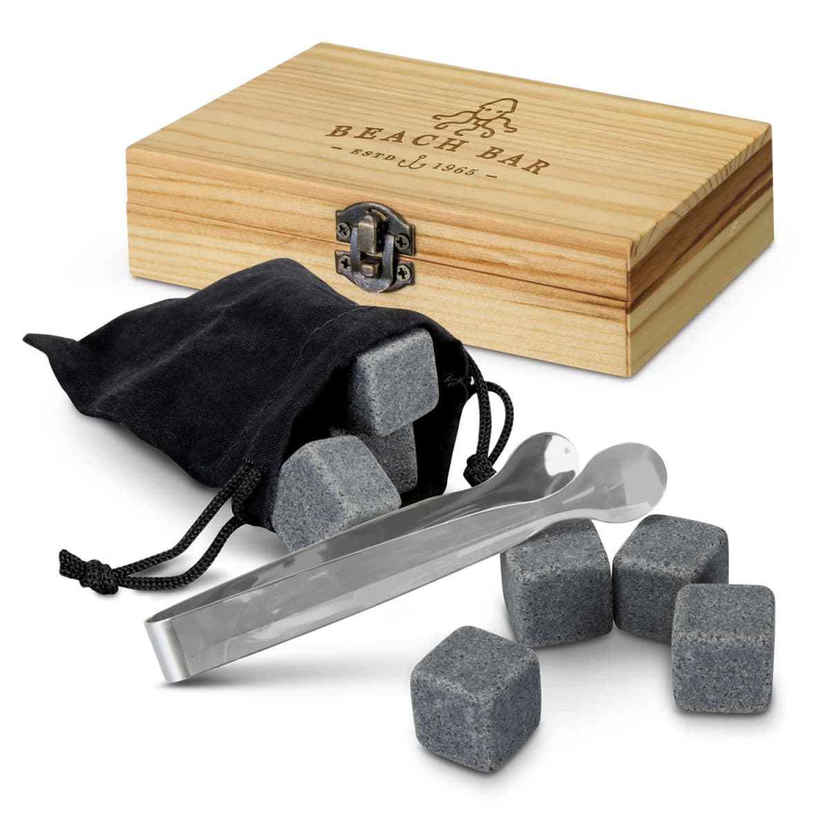 Wooden box, black pouch, metal tongs, and six gray whiskey stones on a white background.
