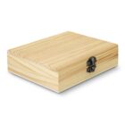 Light wooden box with a metal latch, closed and resting on a white surface.