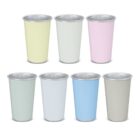 Seven pastel-colored cups arranged in two rows on a white background.