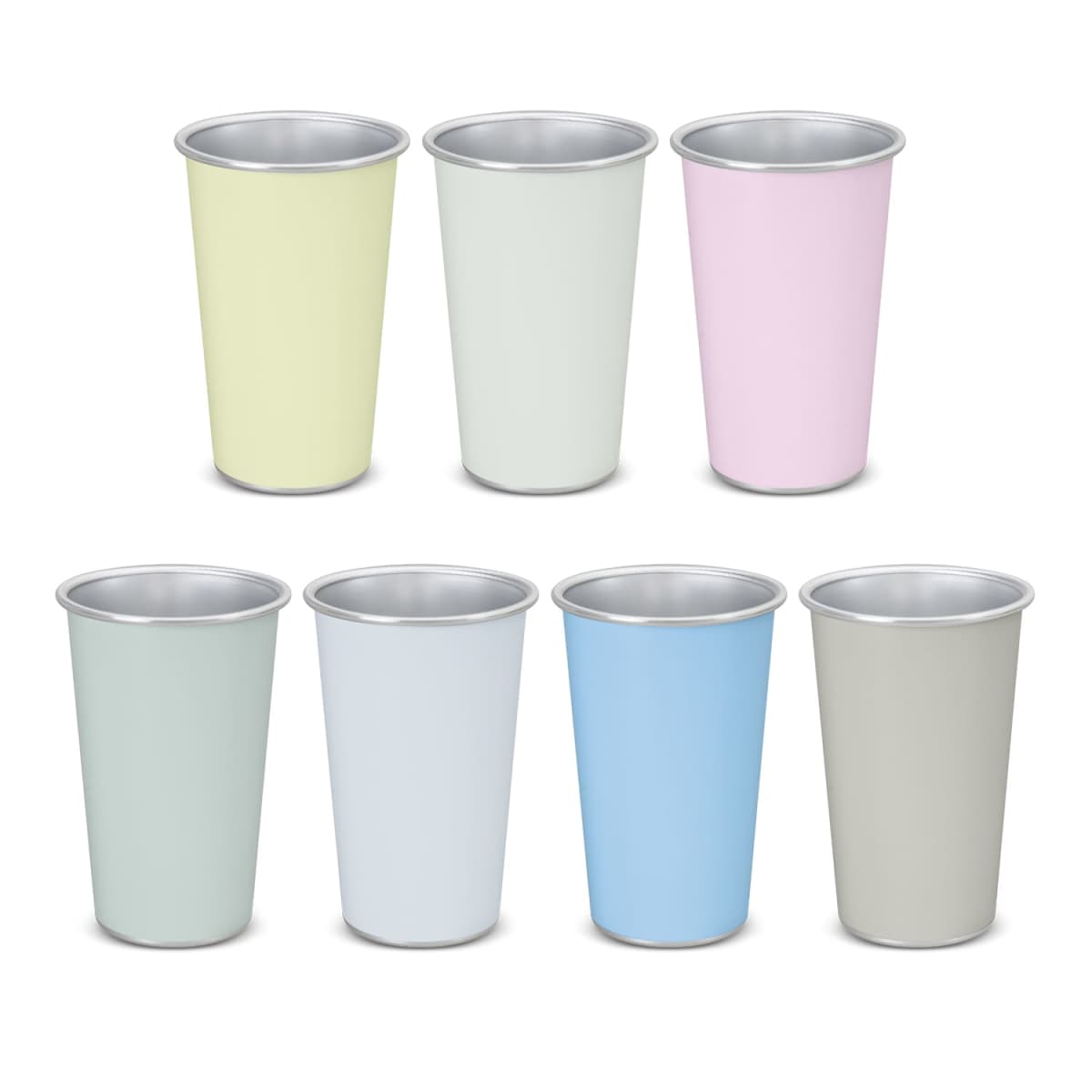Seven pastel-colored cups arranged in two rows on a white background.