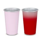 Two metallic cups, one light pink and one red, on a white background.
