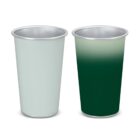 Two metal cups, one plain light grey and one with a green gradient, side by side.