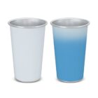 Two metal cups, one plain white and one gradient blue, on a white background.